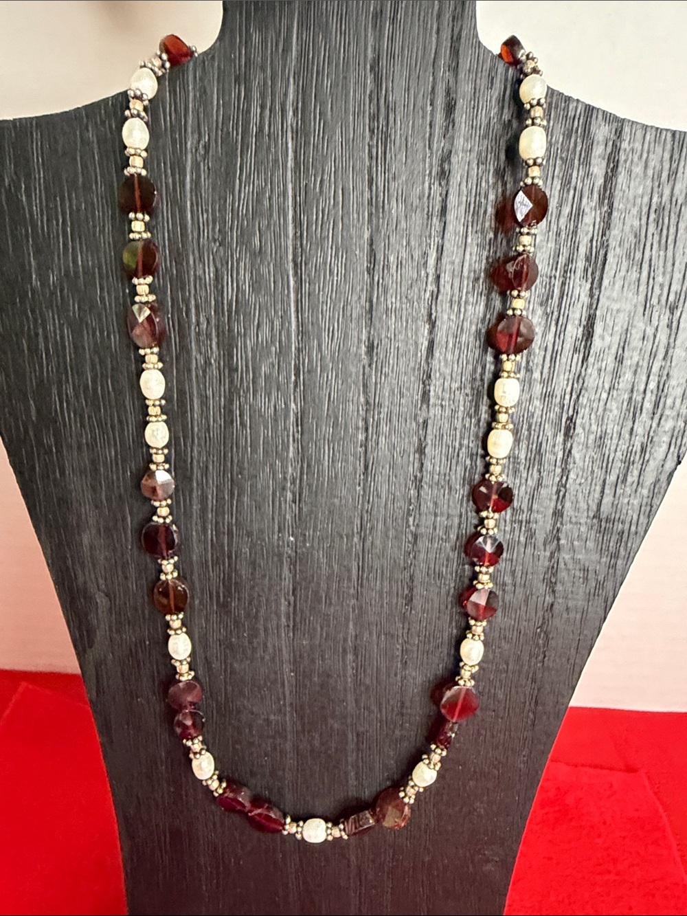 925 Silver Elegant Garnet Beaded Necklace w/ Square Slide-in Box Clasp